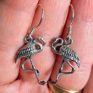 Vintage Sterling Silver Detailed Handmade Flamingo Beachy Earrings 1990s